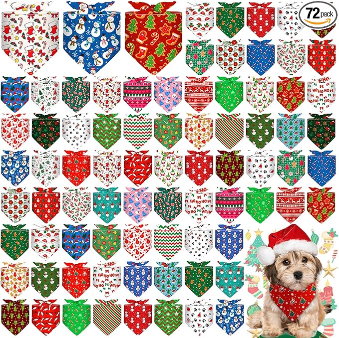 Sanwuta 72 Pcs Christmas Dog Bandana Bulk Washable Puppy Triangle Scarfs Xmas Cat Bandanas Adjustable Soft Christmas Pet Triangle Bibs Accessories for Small Medium Dogs Cats Pets Costume