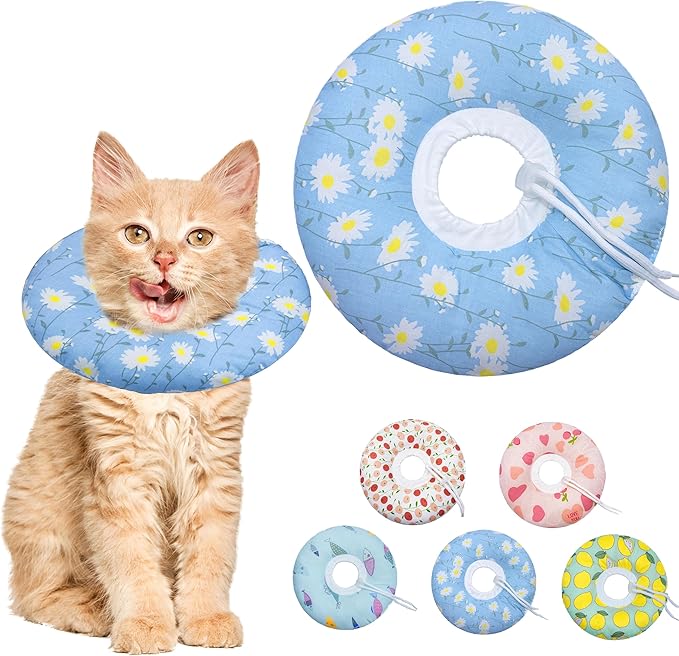 Seyezo Cat Cone Collar Soft, Adjustable Cat Recovery Collar Kitten Cones to Stop Licking, Cute Donut E Collar After Surgery, Anti-Lick Recovery Elizabethan Collar for Kitten (Blue Daisy, Small)