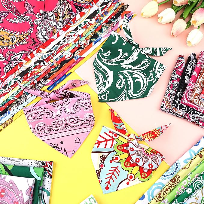 Huhumy 150 Pcs Paisley Dog Bandanas Bulk Pet Bibs Colorful Triangle Scarf Pet Paisley Bandanas for Medium Large Dogs Spring Summer Birthday Costume Decoration