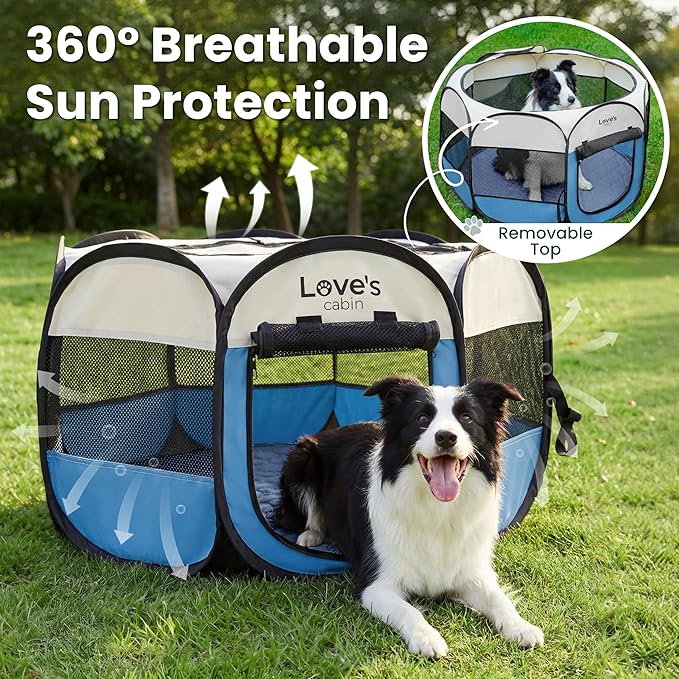 Love's cabin Dog Playpen with Washable Pee Pad, Puppy Pet Cat Playpen Small Dogs Tent Crate Indoor/Outdoor, Portable Pop Up Kennel with Carrying Case for Cats/Rabbits(Blue,Small with pad)