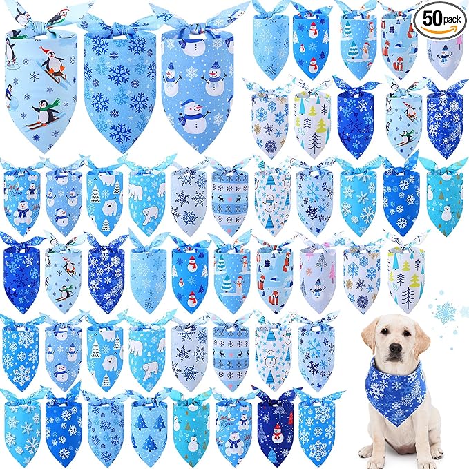 Abbylike 50 Pcs Winter Dog Bandanas Bulk Blue Snowflake Dog Bandanas for Pets Triangle Kerchief Scarf Bibs for Winter Pets Cats Party Costume Photo Props Accessories Pet Shops (31.5 x 21.7 x 21.7)