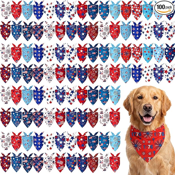 Abbylike 100 Pcs Patriotic Dog Bandanas Bulk 4th of July Bandanas for Dogs Star Triangle Kerchief Bib Scarf Set for Pet Independence Day 250th Anniversary Party Costume, 25 Styles(31.5 x 21.7 x 21.7)
