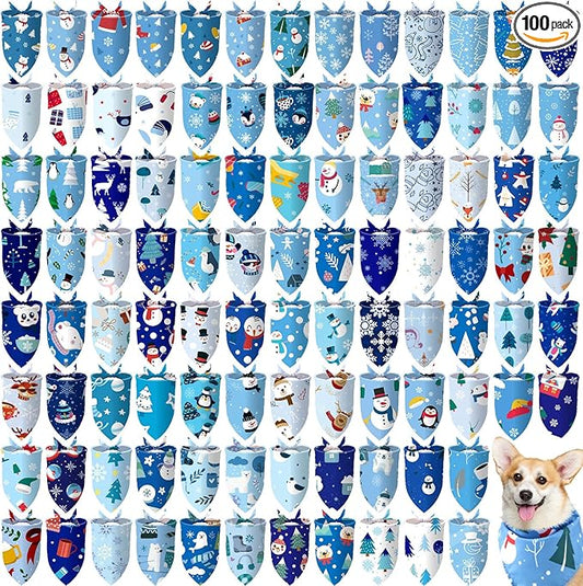 Huhumy 100 Pcs Winter Dog Bandanas Bulk Pet Bibs Blue Triangle Scarf Snowflake Pet Bandanas for Medium Large Dogs Winter Snowflake Christmas Party Holiday Festival Costume Decor