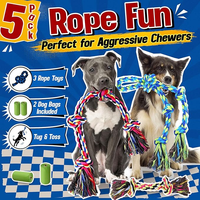 Forfon Tough & Strong Dog Toy for Aggressive Chewers – Tough Chew Toys for Large Dogs, Ideal for Tug-of-War & Teeth Cleaning, with 3 Rope Toys & 2 Dog Bags