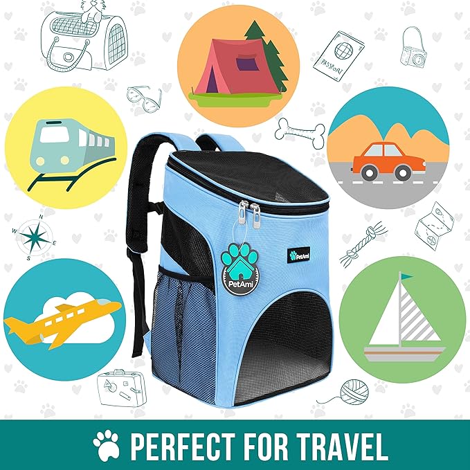 PetAmi Cat Backpack Carrier, Airline Approved Pet Carrier Backpack for Small Dogs and Large Cats, Soft Sided Collapsible Ventilated with Sherpa Bed for Hiking Travel, Max 18 lbs, Light Blue