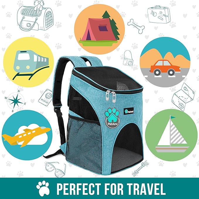 PetAmi Cat Backpack Carrier, Airline Approved Pet Carrier Backpack for Small Dogs and Large Cats, Soft Sided Collapsible Ventilated with Sherpa Bed for Hiking Travel, Max 18 lbs, Sea Blue