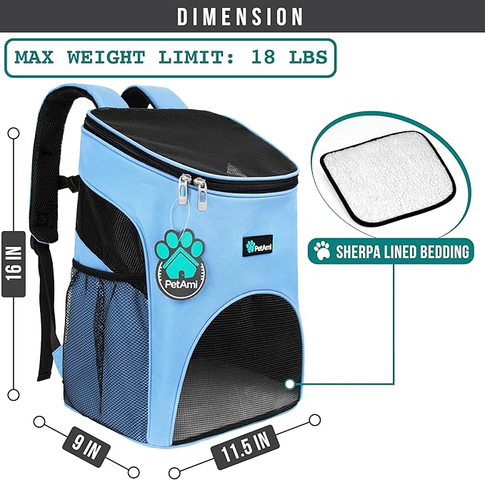 PetAmi Cat Backpack Carrier, Airline Approved Pet Carrier Backpack for Small Dogs and Large Cats, Soft Sided Collapsible Ventilated with Sherpa Bed for Hiking Travel, Max 18 lbs, Light Blue