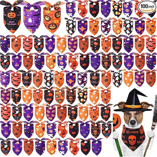 Abbylike 100 Pcs Halloween Dog Bandanas Bulk Pumpkin Bandanas for Dogs Triangle Kerchief Bibs Scarf Set for Pet Halloween Costume Photo Props Accessories Pet Shops, 25 Styles (19.7 x 13.8 x 13.8)