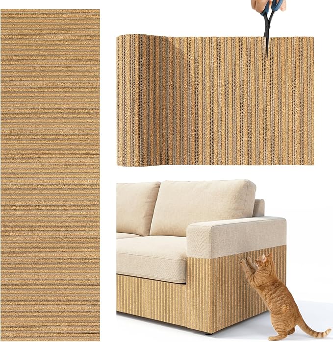 Cat Scratch Mat, 39.4 * 11.8IN Cork Cat Scratch Pad, Adhesive Scratching Couch Furniture Protector, DIY Scratching Pad, Corrugated Paper Scratcher from Claws for Indoor, Brown