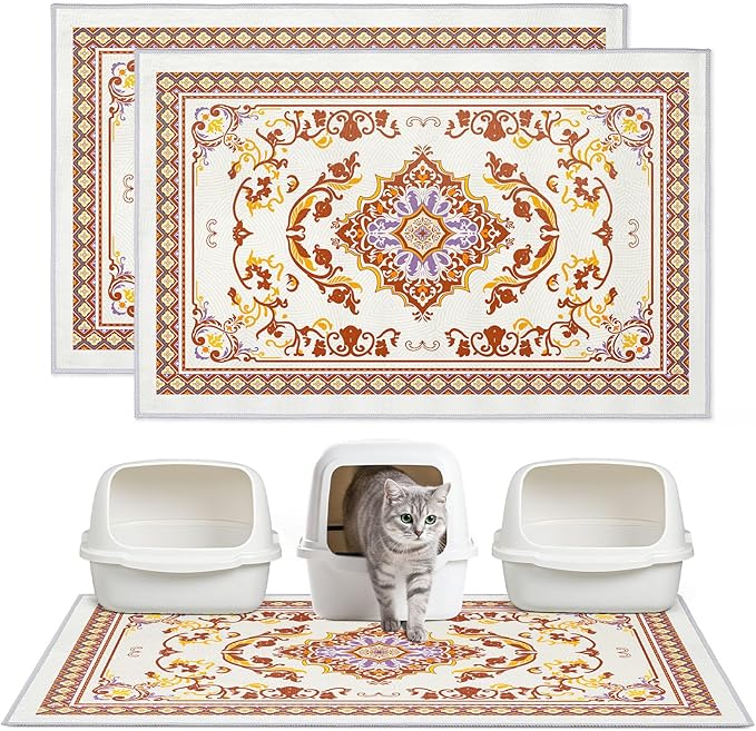 Washable Cat Litter Mat 48"x36" 2Pack with Non-Slip Bottom Waterproof Litter Box Mat Easy to Clean Litter Trapping Mat for Kitty