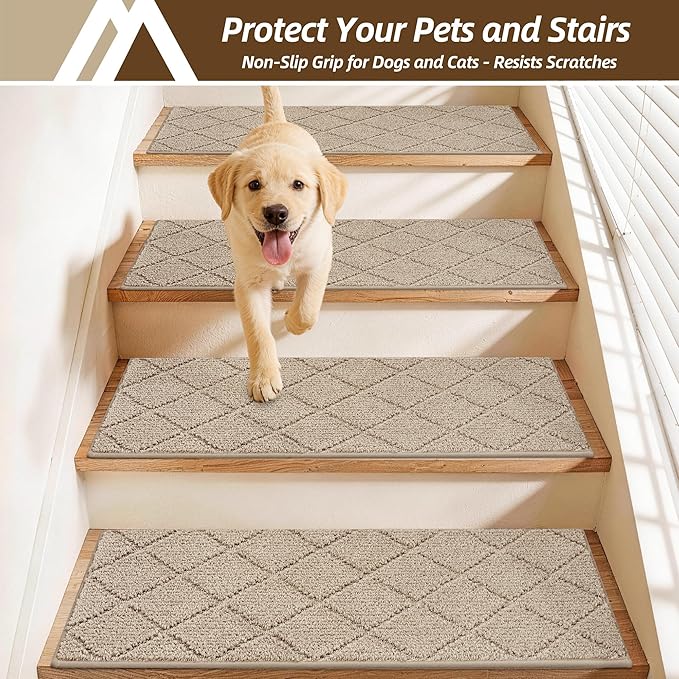 COSY HOMEER Stair Treads for Wooden Steps 11"x30" Washable Indoor Carpet Stair Treads Non Slip Soft Polyester Stair Carpet Tread Reusable Stair Runner Rugs for Kids, Elders,Pets,Beige,4pcs