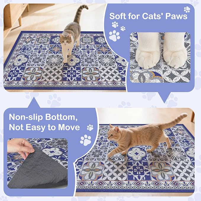 Cat Litter Mat Trapping Rug 33"x22", Large Litter Box Mat for Floor, Non-Slip Waterproof Backing, Soft Mesh Easy to Clean Pet Mat for Cat Blue