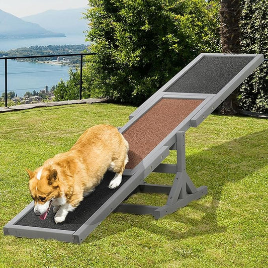 71" Wooden Dog Agility Seesaw for Training and Exercise - Outdoor Dogs Seesaw for Advanced Dog Obstacle Courses, Dogs Agility Ramp Training Platform Equipment (Gray)