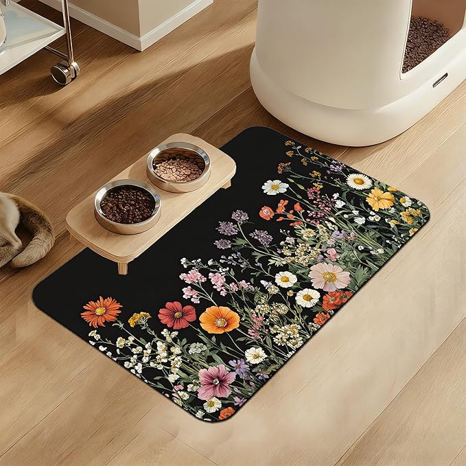 Vintage Wild Herbs Dog Cat Food Mat–Absorbent Waterproof Placemat for Food and Water Bowls, Non Slip Rubber Backing, Feeding Mat for Clean Floors 12"x20"