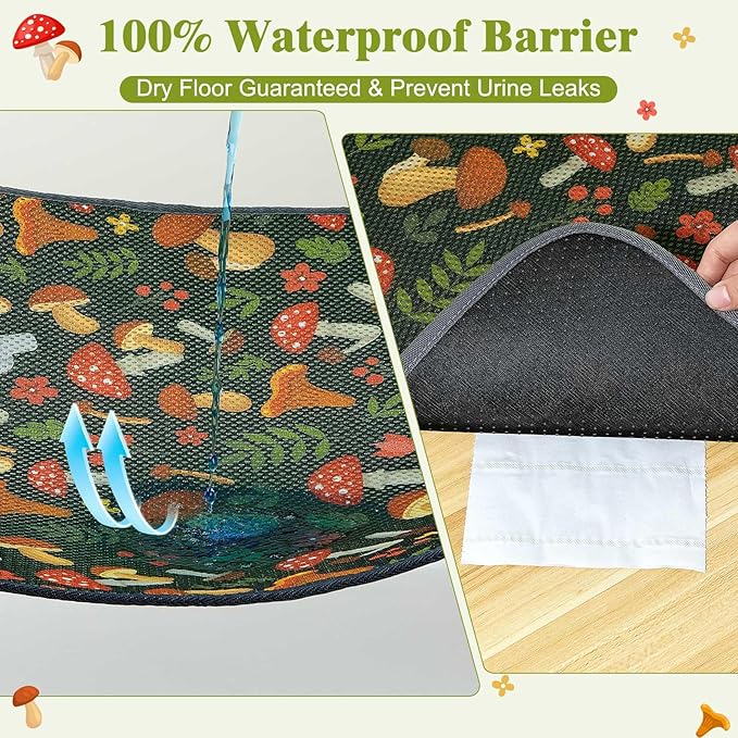 Unicorn Catcher 24X15in Cat Litter Mat Machine Washable Soft 3D Air Mesh Litter Box Rug Non-Slip Backing Quick Dry Scatter Control for Paws,Green Mushrooms