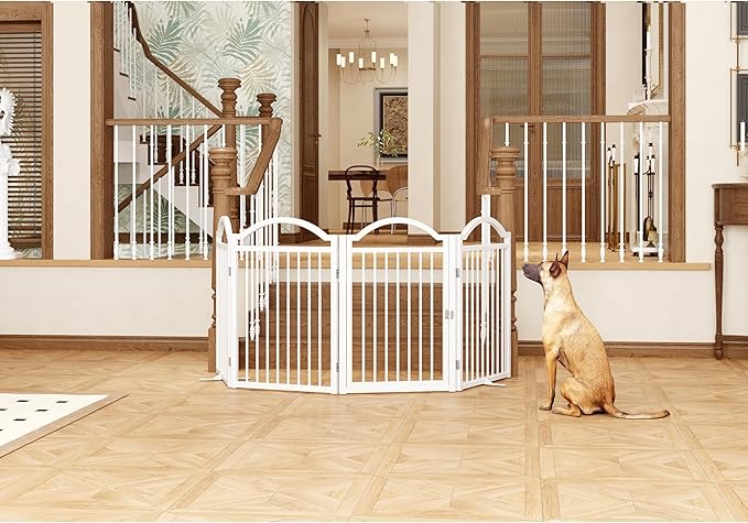 BHG Metal No-Assembly Freestanding Dog Gate with Door Walk Through, Extra Wide 96", Extra Tall 32" Pet Gate, Accordion Puppy Folding Playpen Dog Fence for Indoor & Outdoor, with 2PCS Support
