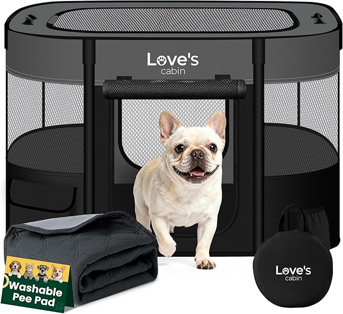 Love's cabin Dog Playpen Cat Pet Puppy Pen,Portable Playpens for Dogs Indoor Outdoor Travel Camping Use,Foldable Kennel Tent Crate for Rabbit Small Animals with Carrying Case (Grey with Pad, Small)