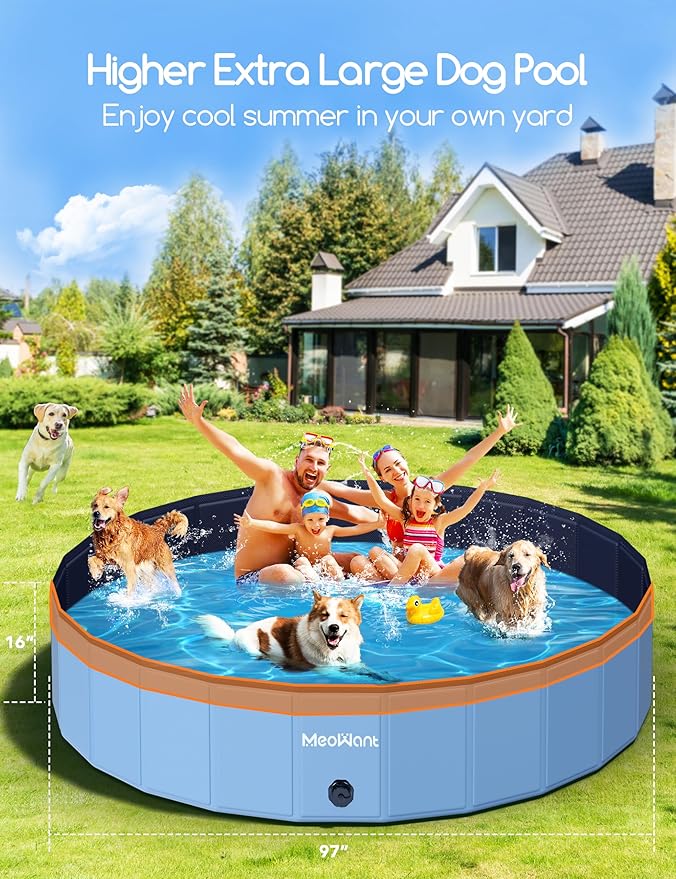 Meowant Extra Large Dog Pool Foldable 97'', Hard Plastic Dog Swimming Pool Kiddie Pool, Collapsible Dog Pet Bath Pool, Portable Deep Dog Pools for Large Dogs (5XL-97'' × 16'')