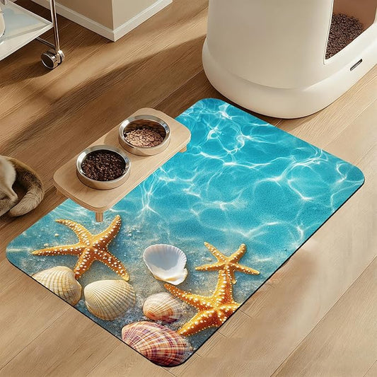 Starfish Seashell on Beach Pet Feeding Mat for Floors–Absorbent Quick Dry Dog Cat Bowl Mat for Food and Water, Non Slip Waterproof Base, Mess-Free Feeding Accessories 16"x24"