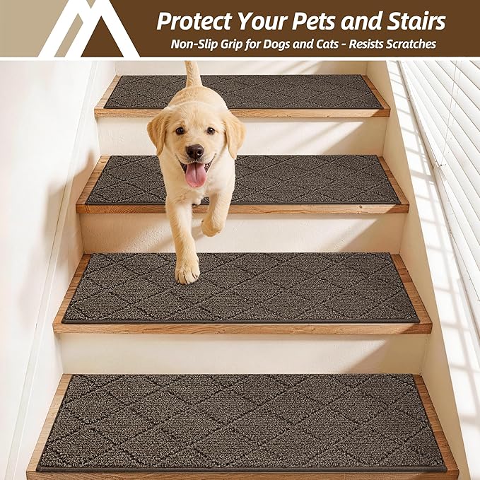 COSY HOMEER Stair Treads for Wooden Steps 11"x30" Washable Indoor Carpet Stair Treads Non Slip Soft Polyester Stair Carpet Tread Reusable Stair Runner Rugs for Kids, Elders,Pets,Brown,15pcs