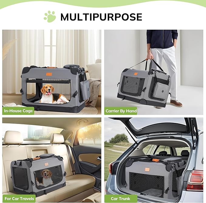 Morpilot 28-inch Portable Collapsible Dog Crate: Travel Dog Crate Soft-Sided for Small Medium Dogs up to 40lbs, with Foldable Bowl, Shoulder Strap & Storage Pockets, Grey
