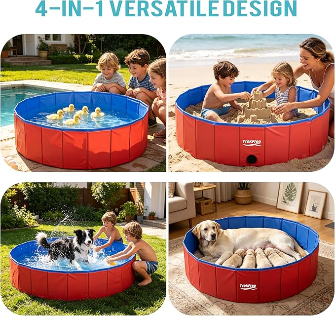 Foldable Pet Pool, Puppy Small Medium Large Dogs Pool, Non-Slip Pet Bath Tub for Outdoor Backyard, Collapsible Dogs Swimming Pool for Dogs Cats and Kids 40" Red