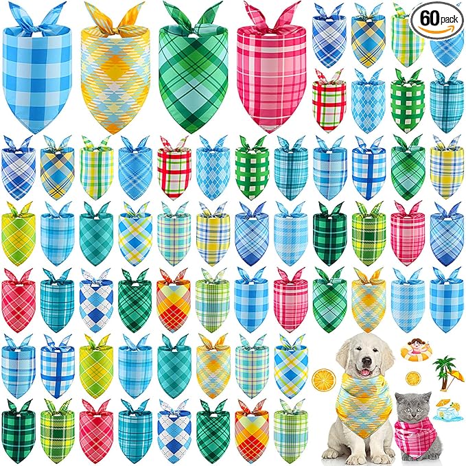 Geyoga 60 Pcs Summer Plaid Dog Bandanas Bulk Hawaiian Pet Scarf Bibs Adjustable Washable Kerchief Seasonal Pet Grooming Supplies for Small to Large Dogs Cats Costume Accessories
