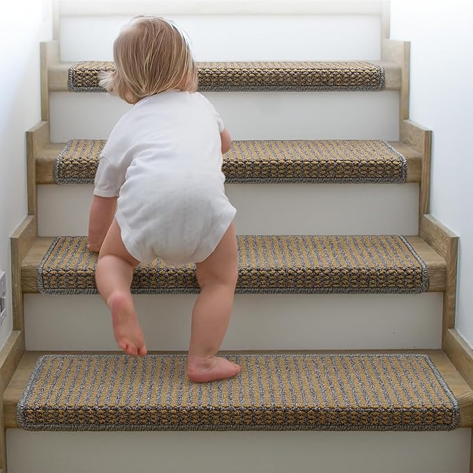 Brakki Bullnose Carpet Stair Treads, Stair Treads for Wooden Steps Indoor Runner and Pets, Non Slip Soft Edging Staircase Protectors, Washable, 29.5"x9.5"x1.5" 7pcs, Grey and Beige
