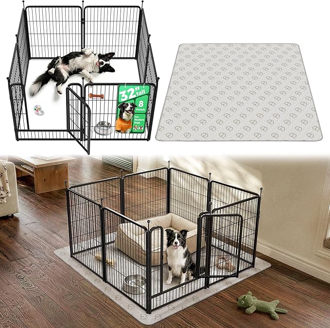 FXW Rollick Unleashed Dog Playpen for Indoor, Yard, RV Camping, 32 inch 8 Panels Dog Pen with Washable Pee Pad for Small and Medium Dogs, Black│Patented