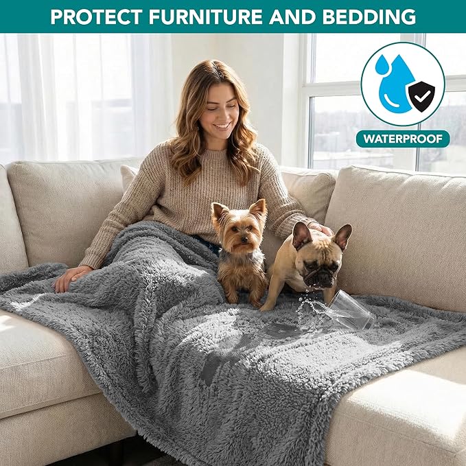 PetAmi Fluffy Waterproof Dog Blanket for Couch and Bed, Reversible Sherpa Pet Throw, Pee Proof Furniture Protector Sofa Cover, Washable Cat Blanket for Small Medium Dogs and Cats (Light Grey, 29x40)