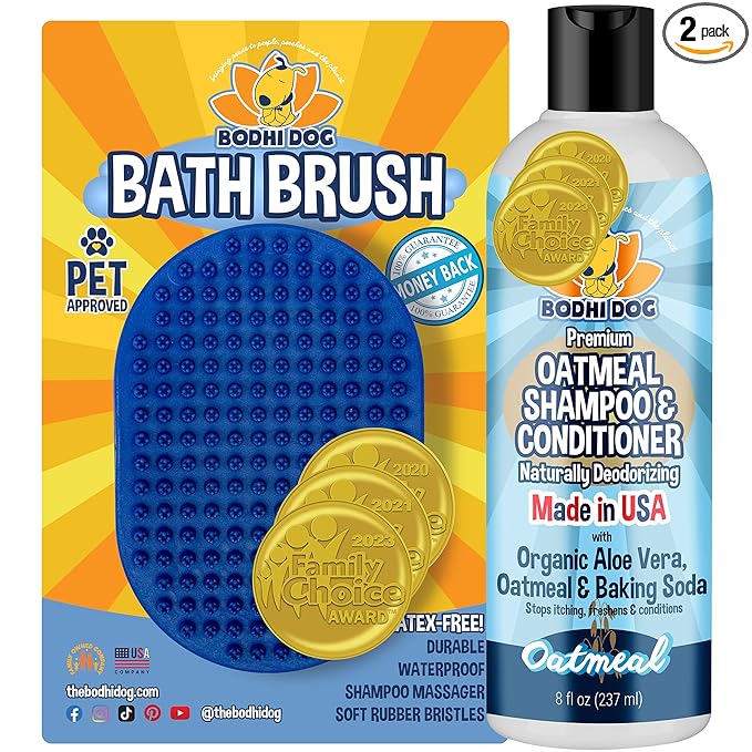 Bodhi Dog Shampoo Brush & Oatmeal Shampoo and Conditioner Bundle - Grooming Essentials for Pets, Short Hair Scrubber, Soothes and Moisturizes Dry, Itchy Skin - Hydrates & Nourishes