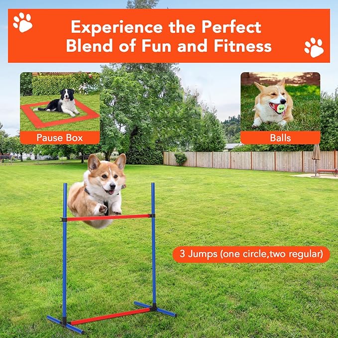Hipicute Dog Agile Training Equipment Set Outdoor Indoor,70" Tunnel + Tire Jump + Hurdle Jump, Weave Poles, Pause Box, 2 Toy Balls, 1 Whistle, Carry Bag, Premium Dog Obstacle Course Kit