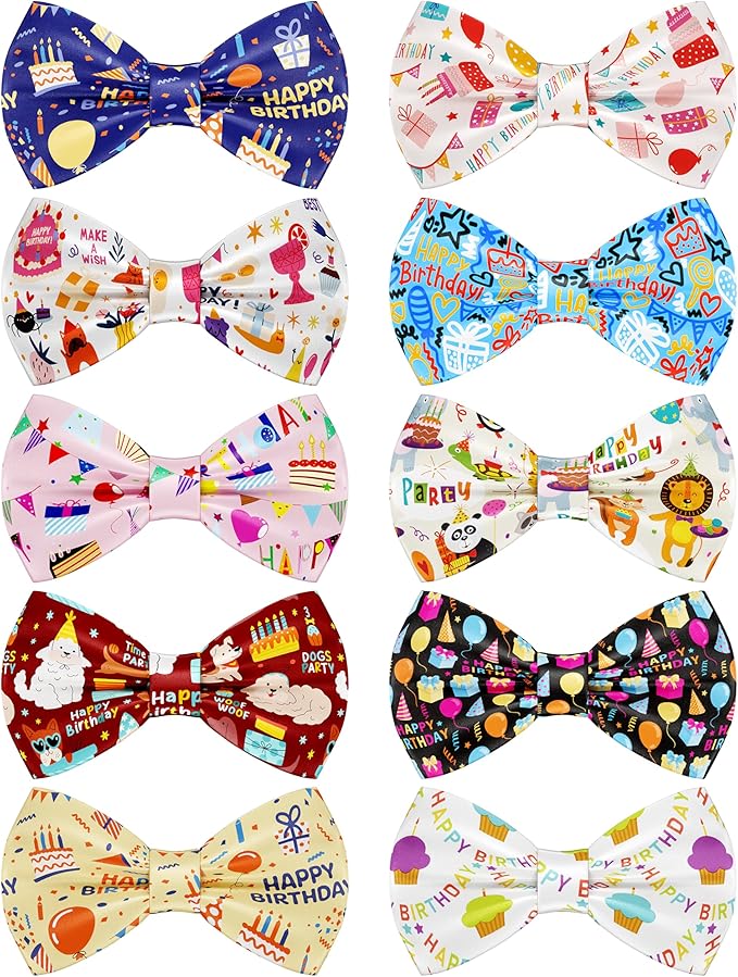 PET SHOW 10 Pack Happy Birthday Big Dog Bow Ties Sliding Collar Attachment Pet Bowties for Medium Large Dogs Party Balloon Cake Bowknots Collar Charms Grooming Accessories