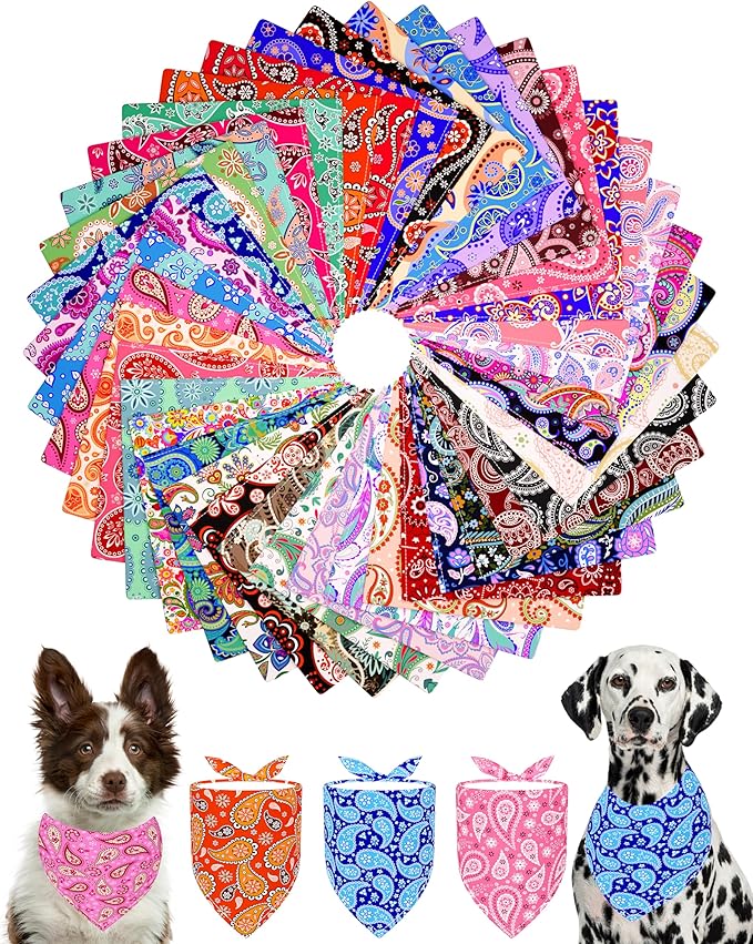 PET SHOW 50 Pack Big Paisley Dog Bandanas Bulk XL Dog Scarves Floral Bibs Kerchief Set for Medium Large Dogs Girl Boy Pet Holiday Party Grooming Accessories