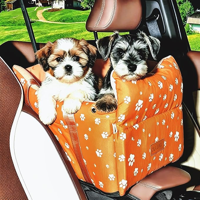 Center Console Dog Car Seat for Medium Dogs - Portable Dogs Armrest Booster Seat, Anti-Collapse Pet Car Seat with Soft Cushion Safety Belt, Support Pet Up to 21lbs (Orange)