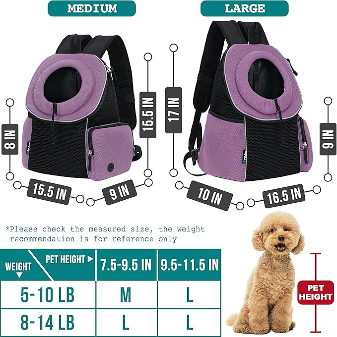 PetAmi Dog Carrier Backpack, Hands Free Front Pet Carrier for Small Cats Puppies, Adjustable Ventilated Reflective Pet Travel Bag for Hiking Camping Biking Walking, Up to 10 lbs, Purple