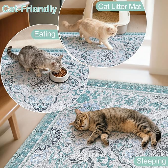 Cat Litter Mat Trapping Rug 33"x22", Large Litter Box Mat for Floor, Non-Slip Waterproof Backing, Soft Mesh Easy to Clean Pet Mat for Cat Blue Green