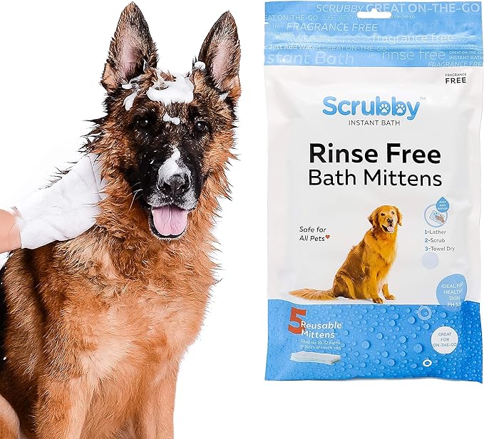 Scrubby Pet No Rinse Pet Wipes | Rinse Free Shampoo Mittens | Dogs & Cats | Bath Wipes - Bathing & Washing Pets, Hypoallergenic | No Rinse Wash Mitt | Grooming, Lather Wipe Dry - Pack of 15
