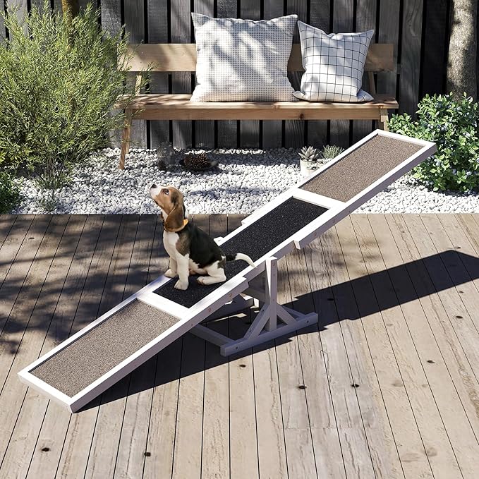PETSITE Wooden Dog Agility Seesaw, Dog Exercise & Play Set, Outdoor Run Game Toy, Climbing Platform Balance Training Equipment, Weatherproof Pet Supplies for Backyard Obstacle Courses (White)