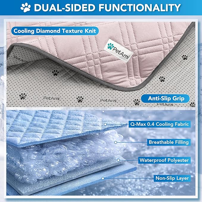 PetAmi Dog Cooling Mat, Waterproof Self Cooling Dog Pad with Non-Slip Backing, Q-Max >4.0 Pet Cooling Mat for Crate, Couch, Kennel & Car, Indoor Outdoor Summer Use, Pink, 60x80