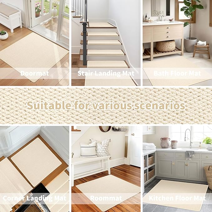 Brakki Bullnose Carpet Stair Treads, Non Slip Landing Mat for Wooden Steps Indoor, Soft Stair Rugs for Pets, Indoor Doormat for Kitchen Bathroom, Washable, 30"x30" 1pc, Cream White