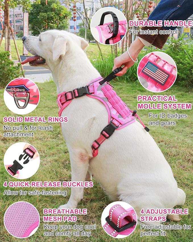 Hotsky Tactical Dog Harness No Pull，Adjustable Service Dog Vest Reflective Military Pet Harness with Control Handle Molle Loop Panels for Training Walking Running(Pink Camo, L)