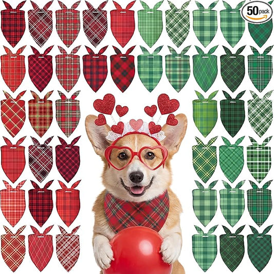 Abbylike 50 Pcs St. Patrick's Day Dog Bandanas Bulk Green Plaid Bandanas for Dogs Triangle Kerchief Bib Scarf for Pet Irish Holiday Costume Photo Props Accessories (25.6 x 17.7 x 17.7)
