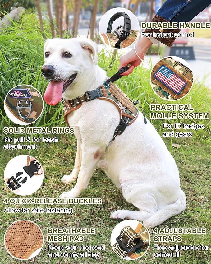 Hotsky Tactical Dog Harness No Pull，Adjustable Service Dog Vest Reflective Military Pet Harness with Control Handle Molle Loop Panels for Training Walking Running(Army Camo, M)
