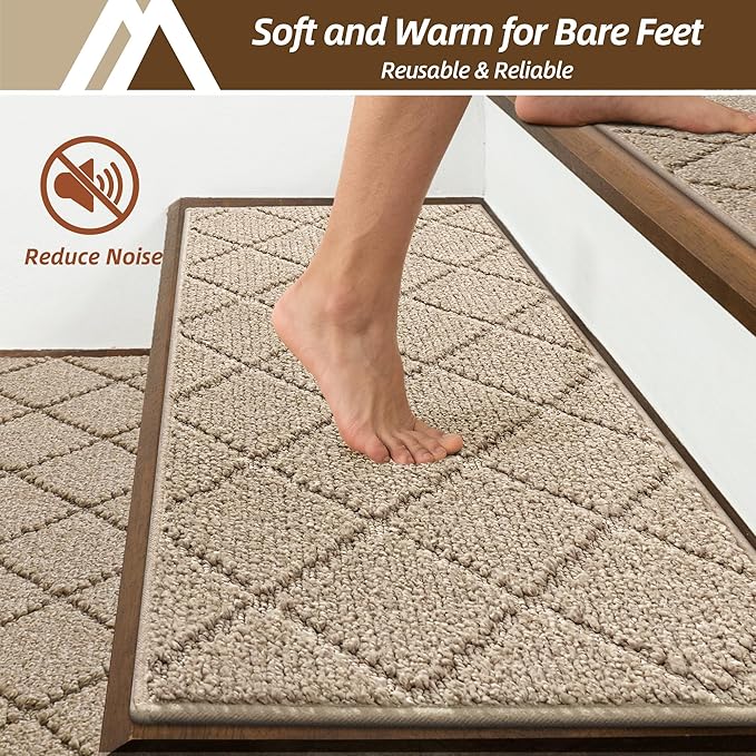 COSY HOMEER Stair Treads for Wooden Steps 11"x30" Washable Indoor Carpet Stair Treads Non Slip Soft Polyester Stair Carpet Tread Reusable Stair Runner Rugs for Kids, Elders,Pets,Beige,4pcs