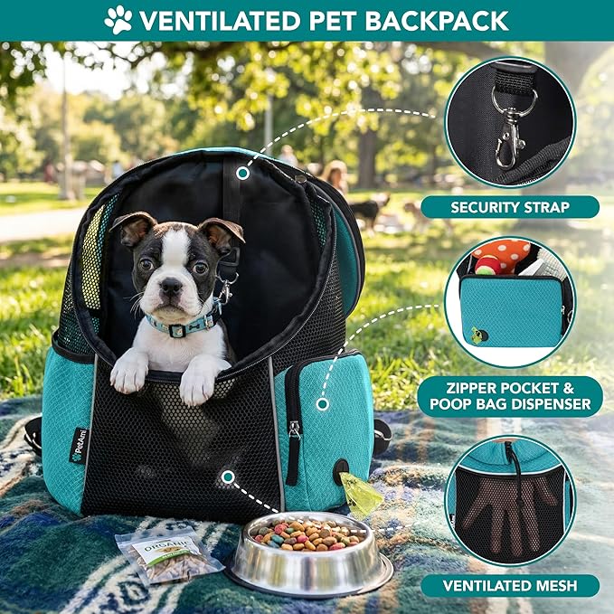 PetAmi Dog Carrier Backpack, Hands Free Front Pet Carrier for Small Cats Puppies, Adjustable Ventilated Reflective Pet Travel Bag for Hiking Camping Biking Walking, Up to 10 lbs, Teal Blue