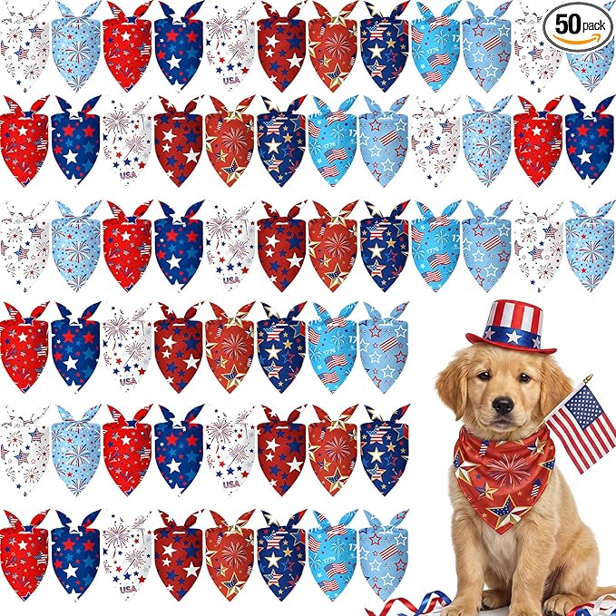 Weewooday 50 Pcs 4th of July Dog Bandanas Bulk for 1776 Patriotic 250th Anniversary Star Red White and Blue Independence Day Flag Scarf for Small Medium Large Outfit(Star, 19.7 x 13.8 x 13.8 Inch)