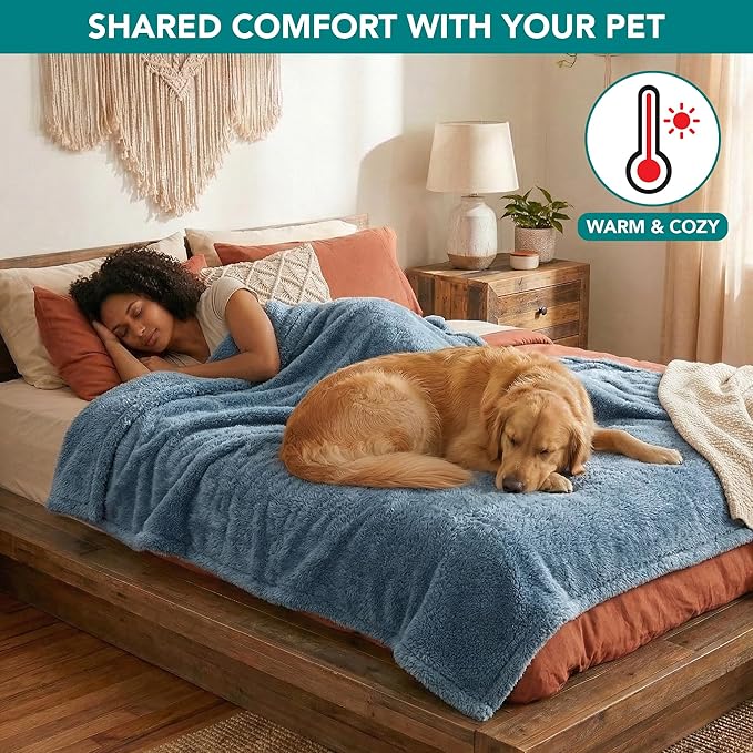 PetAmi Fluffy Waterproof Dog Blanket for Couch and Bed, Reversible Sherpa Pet Throw, Pee Proof Furniture Protector Sofa Cover, Washable Cat Blanket for Medium Large Dogs and Cats (Dusty Blue, 60x80)