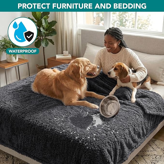 PetAmi Fluffy Waterproof Dog Blanket for Couch and Bed, Reversible Sherpa Pet Throw, Pee Proof Furniture Protector Sofa Cover, Washable Cat Blanket for Medium Large Dogs and Cats (Gray, 40x60)