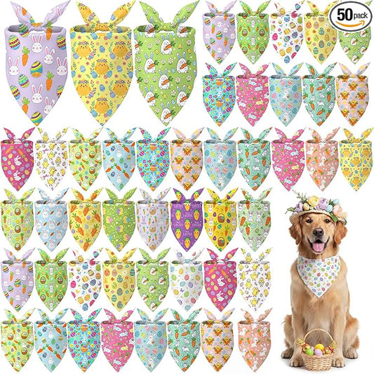 Abbylike 50 Pcs Easter Dog Bandanas Bulk Bunny Egg Carrot Bandanas for Dogs Triangle Kerchief Bibs Scarf Set for Pet Easter Costume Photo Props Accessories Pet Shops, 25 Styles (31.5 x 21.7 x 21.7)